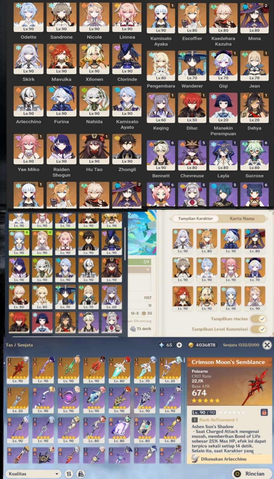 Akun Genshin Impact AR60 23 Limited + 8 Weapon Limited (Skirk, Sandrone, Mavuika, Arlecchino)